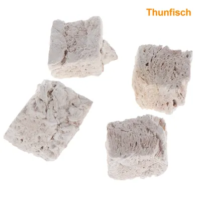 Fyra bitar frystorkad fisk, texten 'Thunfisch' synlig uppe till höger.