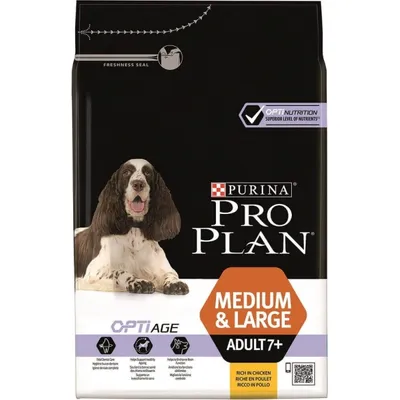 Purina Pro Plan Medium & Large Adult 7+, karma dla psów, OptiAge, bogata w kurczaka. Widoczny pies rasy spaniel, oznaczenie Opti Nutrition, kod QR na opakowaniu.