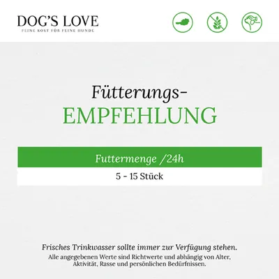 Fütterungsempfehlung: Futtermenge pro 24 Stunden beträgt 5-15 Stück. Frisches Trinkwasser sollte immer zur Verfügung stehen.