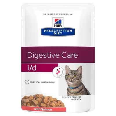 Hill's Prescription Diet Digestive Care i/d с сьомга, пауч за котки. Видими са парчета храна в сос и снимка на котка. Текст: Clinical Nutrition, Tender Chunks in Gravy, ActivBiome+.