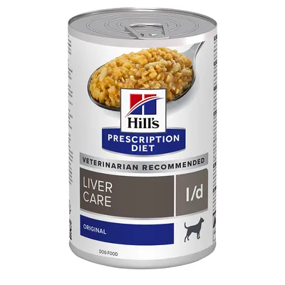 Hill's Prescription Diet Liver Care l/d Original, recommended by veterinarians, wet food for dogs in a can with image of the food.