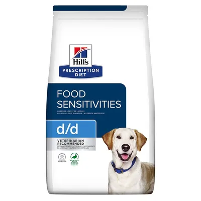 Hill's Prescription Diet Food Sensitivities d/d per cani, testo visibile: 'Veterinarian recommended', simboli di nutrizione e sostenibilità, immagine di un cane sul fronte della confezione.