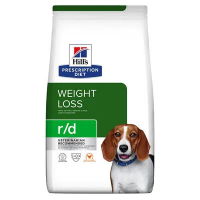 Hill's Prescription Diet Weight Loss r/d hondenvoer, tekst: Veterinarian Recommended, S+OX Shield, Clinical Nutrition, oranje hart icoon zichtbaar op verpakking.