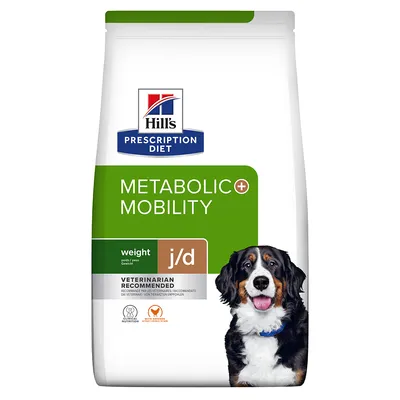 Hill's Prescription Diet Metabolic + Mobility hondenvoer, weight j/d, aanbevolen door dierenartsen. Verpakking toont afbeelding van een hond en diverse certificeringssymbolen.