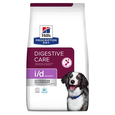 Hill's Prescription Diet Digestive Care i/d sensitive hundefoder, tekst: VETERINARIAN RECOMMENDED, billede af sort-hvid hund, ActivBiome+ symbol synligt på posen.