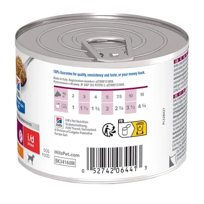 Tabela dawkowania karmy Hill's i/d stress dla psów: 2 kg – 1 puszka, 4 kg – 1½, 7,5 kg – 2⅔, 10 kg – 3½, 15 kg – 4¾. Kod kreskowy, adres producenta, strona HillsPet.com.