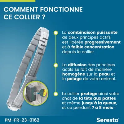 Comment fonctionne ce collier ? La combinaison puissante de deux principes actifs est libérée progressivement et à faible concentration. Diffusion homogène sur la peau et le pelage, protection 7 à 8 mois. Seresto.