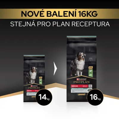 Purina Pro Plan Medium Adult Sensitive Digestion teraz v novom 16,kg balení, doteraz 14,kg. Receptúra zostáva nezmenená. Purina Pro Plan Medium Adult Sensitive Digestion teraz v novom 16,kg balení, doteraz 14,kg. Receptúra zostáva nezmenená.