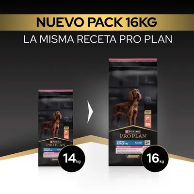 Purina Pro Plan Large Athletic Adult Sensitive Skin ahora en el nuevo paquete de 16 kg, antes 14 kg. Misma receta.