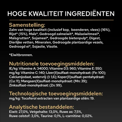 Samenstelling: zalm, rijst, maïs, sojameel, gedroogde plantaardige vezels. Additieven: vitamine A, D3, E, C, ijzer, koper, mangaan, zink. Analytische bestanddelen: eiwit 27%, vet 13%.