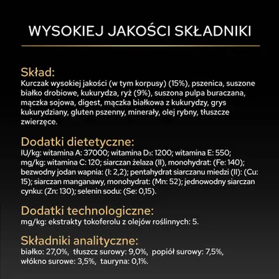 Składniki: kurczak, pszenica, ryż, kukurydza, soja, minerały, tłuszcze pochodzenia zwierzęcego. Dodatki: witaminy A, D3, E, C, żelazo, miedź, mangan, cynk, selen. Składniki analityczne: białko 27%, tłuszcz 9%. Składniki: kurczak, pszenica, ryż, kukurydza, soja, minerały, tłuszcze pochodzenia zwierzęcego. Dodatki: witaminy A, D3, E, C, żelazo, miedź, mangan, cynk, selen. Składniki analityczne: białko 27%, tłuszcz 9%.