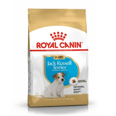 Royal Canin Puppy Jack Russell Terrier hondenvoer, verpakking met afbeelding van puppy en tekst: tot 10 maanden oud. Extra info: op maat gemaakte brok, ondersteuning immuunsysteem, spijsvertering.