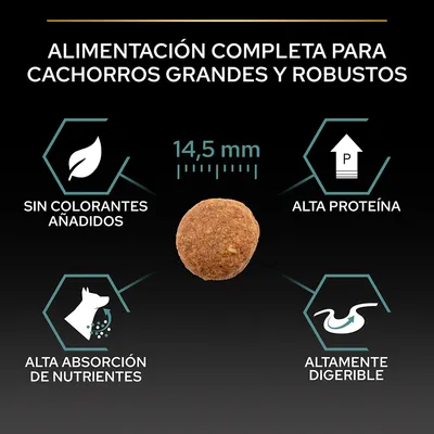Alimentación completa para cachorros grandes y robustos. Croqueta de 14,5 mm. Sin colorantes añadidos, alta proteína, alta absorción de nutrientes, altamente digerible.