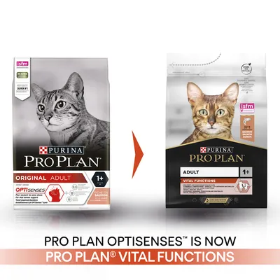 Image showing Purina Pro Plan Optisenses Original Adult changing to Pro Plan Vital Functions Adult 1+ with salmon. Text: 'Pro Plan Optisenses is now Pro Plan Vital Functions.'