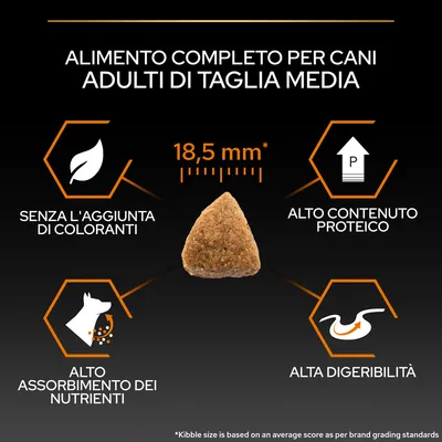Alimento completo per cani adulti di taglia media, crocchetta 18,5 mm, senza l'aggiunta di coloranti, alto contenuto proteico, alto assorbimento dei nutrienti, alta digeribilità.