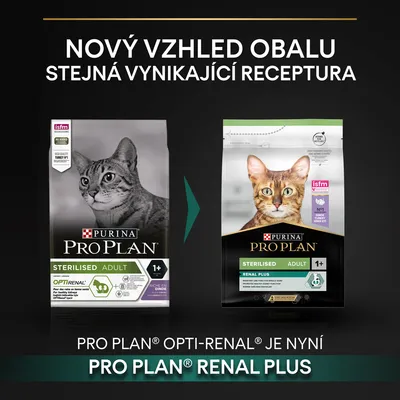 Porovnanie starého a nového balenia Purina Pro Plan Sterilised Adult 1+ pre mačky. Opti-Renal je teraz Renal Plus. Text v češtine: Nový vzhled obalu, stejná vynikající receptura.