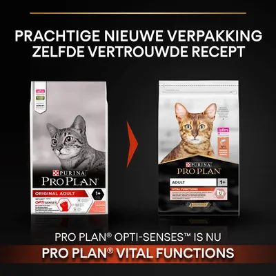 Purina Pro Plan kattenvoer: oude verpakking 'Original Adult OptiSenses' wordt nieuwe verpakking 'Adult Vital Functions'. Tekst: Prachtige nieuwe verpakking, zelfde vertrouwde recept.