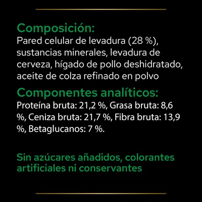 Composición: pared celular de levadura (28 %), minerales, levadura de cerveza, hígado de pollo deshidratado, aceite de colza. Proteína 21,2 %, grasa 8,6 %, fibra 13,9 %, sin azúcares añadidos.