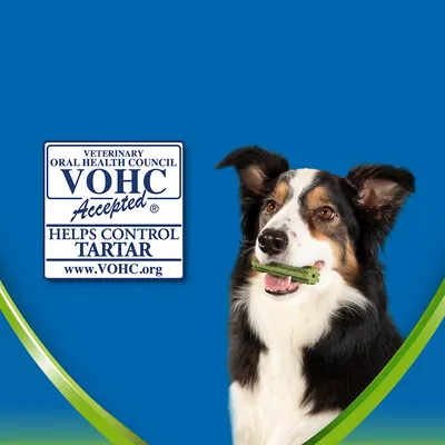 Pes s dentální pochoutkou v tlamě vedle textu: VETERINARY ORAL HEALTH COUNCIL VOHC Accepted HELPS CONTROL TARTAR www.VOHC.org