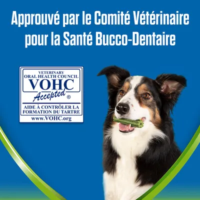 Approbation VOHC : Aide à contrôler la formation du tartre. Approuvé par le Comité Vétérinaire pour la Santé Bucco-Dentaire. www.VOHC.org visible.