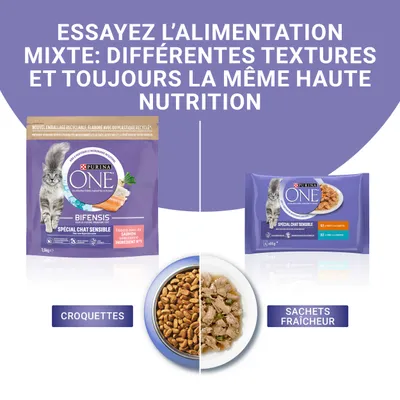 Purina ONE Bifensis Spécial Chat Sensible : croquettes et sachets fraîcheur, différentes textures pour chat sensible. Texte : Essayez l’alimentation mixte, haute nutrition.