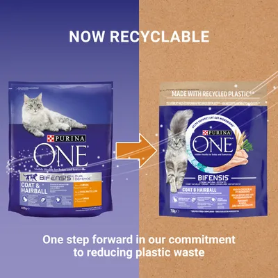 Purina One packaging change showing old and new bags with text: Now recyclable. Made with recycled plastic. One step forward in our commitment to reducing plastic waste.