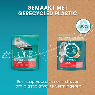 Purina ONE Bifensis Sterilcat kattenvoer, verpakking met kat, tekst: Gemaakt met gerecycled plastic, 30%, een stap vooruit in ons streven om plastic afval te verminderen.