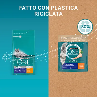 Due confezioni di Purina ONE Bifensis Senior 7+ con gatto, testo: 'Fatto con plastica riciclata', simbolo riciclo con '30%'. Una busta da 1,5 kg e una da 750 g visibili.