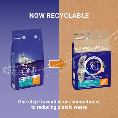 Purina One packaging change showing old and new bags, highlighting 'Now recyclable' and 'Made with recycled plastic'. Text: One step forward in our commitment to reducing plastic waste.