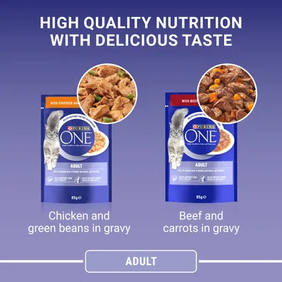 High quality nutrition with delicious taste. Two adult food pouches: chicken and green beans in gravy, beef and carrots in gravy. Both 85g.