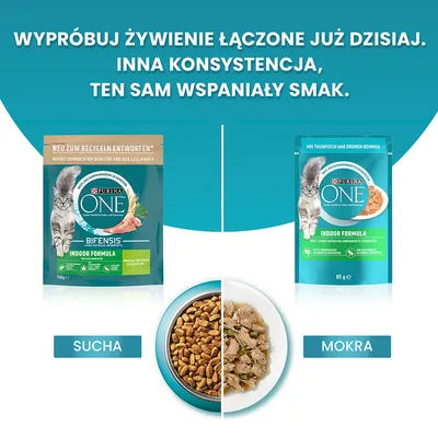 Purina ONE Indoor Formula karma dla kotów: opakowanie suchej 750 g i mokrej 85 g, miska z suchą i mokrą karmą. Napis: Wypróbuj żywienie łączone już dzisiaj. Inna konsystencja, ten sam wspaniały smak.