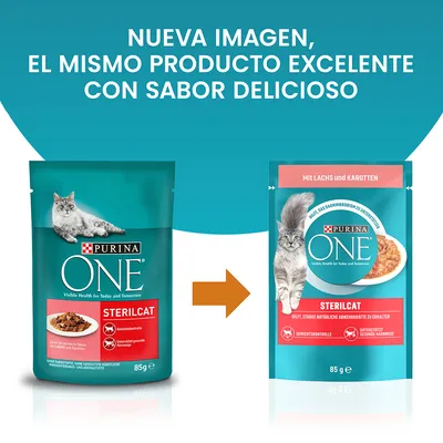 Cambio de imagen en el envase de Purina ONE Sterilcat 85 g. Texto: 'Nueva imagen, el mismo producto excelente con sabor delicioso'. Ambos sobres muestran un gato y detalles del producto.