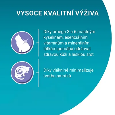 VYSOCE KVALITNÍ VÝŽIVA: Omega-3 a 6, vitamíny a minerály pre zdravú kožu a lesklú srsť. Vláknina minimalizuje tvorbu smotkov. Text v češtine.