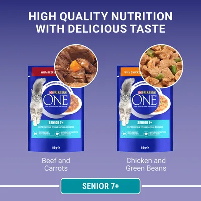 High quality nutrition with delicious taste. Two Purina One Senior 7+ food pouches: Beef and Carrots, Chicken and Green Beans. Helps maintain strong natural defences.