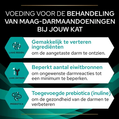 Voeding voor de behandeling van maag-darmaandoeningen bij katten: gemakkelijk te verteren ingrediënten, beperkt aantal eiwitbronnen, toegevoegde prebiotica (inuline).