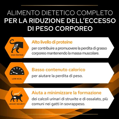 Alimento dietetico completo per la riduzione dell’eccesso di peso corporeo: alto livello di proteine, basso contenuto calorico, aiuta a minimizzare la formazione di calcoli urinari nei gatti.