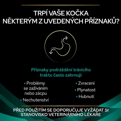 Text v češtine: Trpí vaše kočka některým z uvedených příznaků? Problémy se zažíváním nebo zácpu, nechutenství, zvracení, plynatost, hubnutí. Doporučuje se stanovisko veterináře.