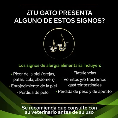 ¿TU GATO PRESENTA ALGUNO DE ESTOS SIGNOS? Los signos de alergia alimentaria incluyen: picor, enrojecimiento, pérdida de pelo, flatulencias, vómitos, pérdida de peso y apetito. Consulte a su veterinario.