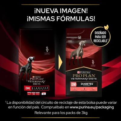 PURINA PRO PLAN Veterinary Diets DM Diabetes Management para perros. Nueva imagen, mismas fórmulas. Diseñado para ser reciclable. Relevante para packs de 3 kg.