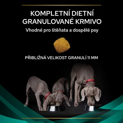Kompletní dietní granulované krmivo, vhodné pro štěňata a dospělé psy, přibližná velikost granulí 11 mm. Tři psi u misek.