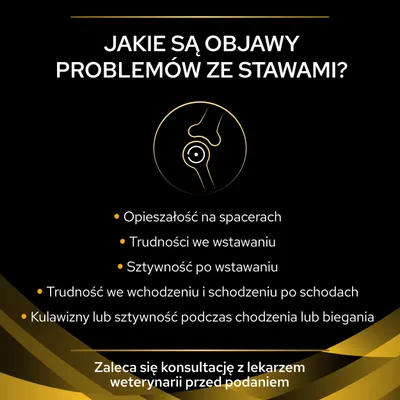 Jakie są objawy problemów ze stawami? Opieszałość na spacerach, trudności we wstawaniu, sztywność po wstawaniu, trudność na schodach, kulawizny lub sztywność podczas chodzenia lub biegania. Zaleca się konsultację z lekarzem weterynarii przed podaniem.