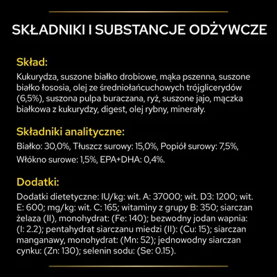 Skład: kukurydza, suszone białko drobiowe, mąka pszenna, suszone białko łososia, olej MCT (6,5%), pulpa buraczana, ryż, suszone jajo, minerały. Białko 30%, tłuszcz 15%, popiół 7,5%.