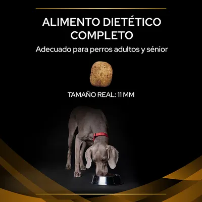 Alimento dietético completo, adecuado para perros adultos y sénior. Tamaño real de la croqueta: 11 mm. Imagen de perro comiendo en un cuenco metálico.
