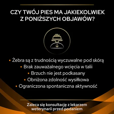 Czy twój pies ma jakiekolwiek z poniższych objawów? Żebra są z trudnością wyczuwalne pod skórą, brak zauważalnego wcięcia w talii, brzuch nie jest podkasany, obniżona zdolność wysiłkowa, ograniczona spontaniczna aktywność. Zaleca się konsultację z lekarzem weterynarii przed podaniem.