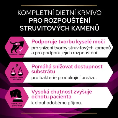Text v češtine: Kompletní dietní krmivo pro rozpouštění struvitových kamenů. Podporuje tvorbu kyselé moči, pomáhá snižovat dostupnost substrátu, vysoká chutnost zvyšuje ochotu pacienta.