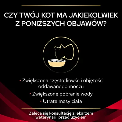 Czy twój kot ma objawy: zwiększona częstotliwość i objętość oddawanego moczu, zwiększone pobranie wody, utrata masy ciała. Zaleca się konsultację z lekarzem weterynarii przed użyciem.