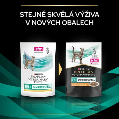 PURINA PRO PLAN VETERINARY DIETS EN GASTROINTESTINAL pro kočky, starý a nový obal, text: Stejně skvělá výživa v nových obalech, isfm, veterinární klinická výživa