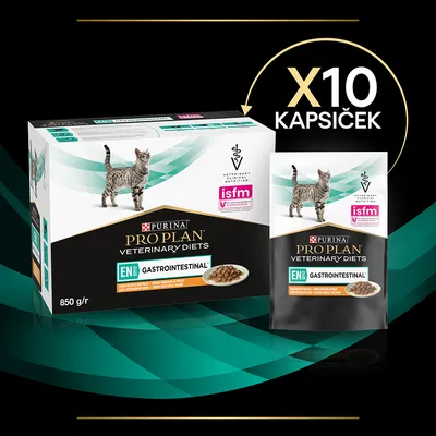 PURINA PRO PLAN VETERINARY DIETS EN GASTROINTESTINAL pro kočky, balení 10 kapsiček, 850 g/r. Viditelný text: isfm, obrázek kočky na obalu.