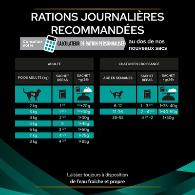 Tableau des rations journalières recommandées pour chats adultes (2–8 kg) et chatons (6–52 semaines), quantités de sachets repas et croquettes par poids ou âge. Eau fraîche conseillée.