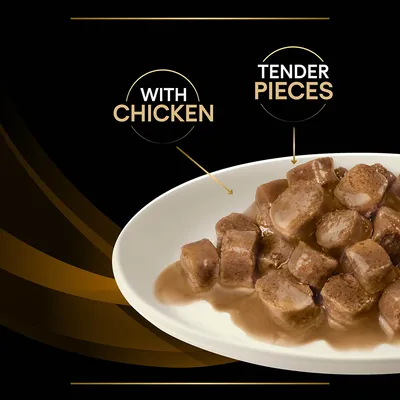 Lautasella kastikkeessa olevia paloja, englanninkielinen teksti: WITH CHICKEN, TENDER PIECES. Teksti ei ole suomeksi.